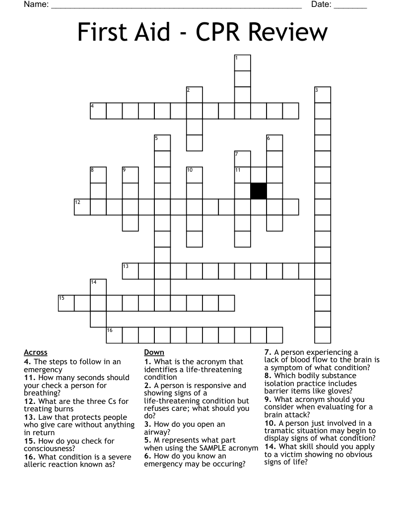 First Aid - CPR Review Crossword