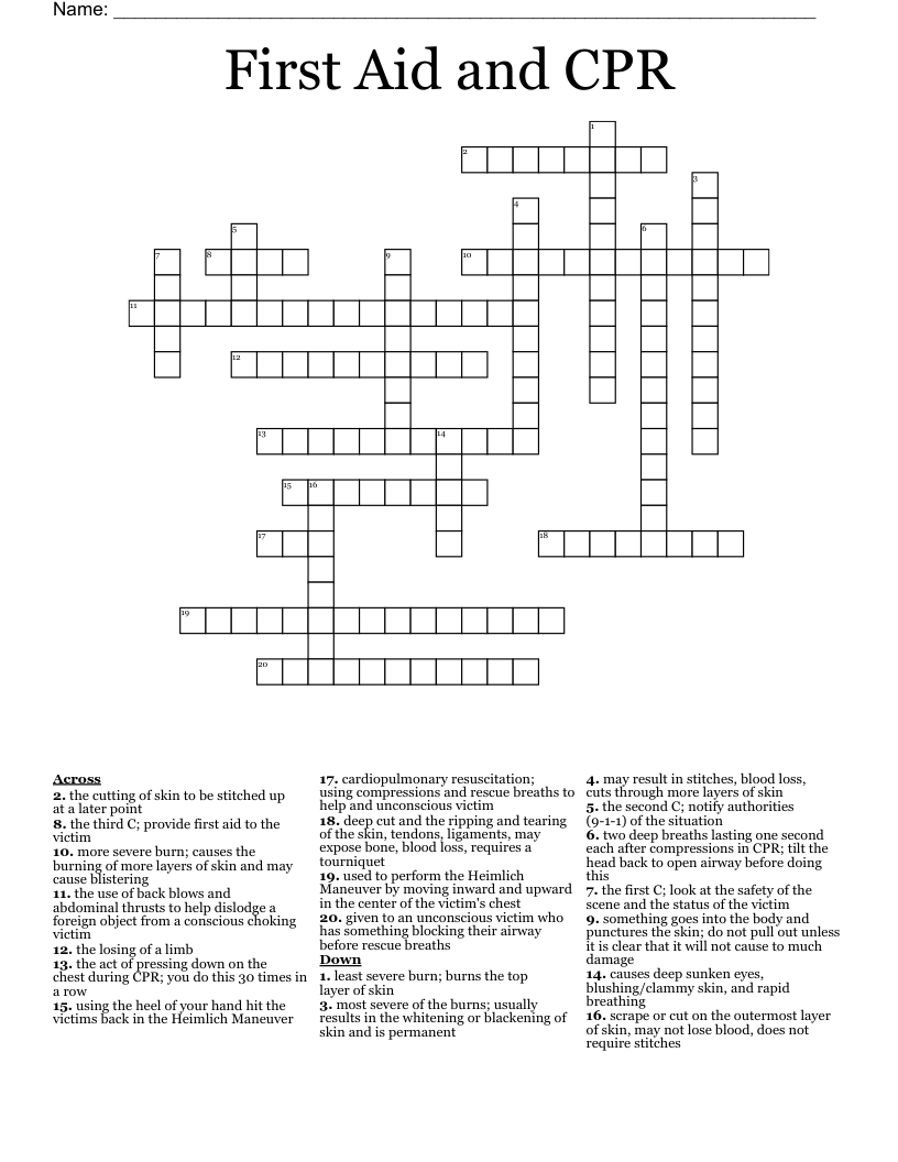 First Aid and CPR Crossword