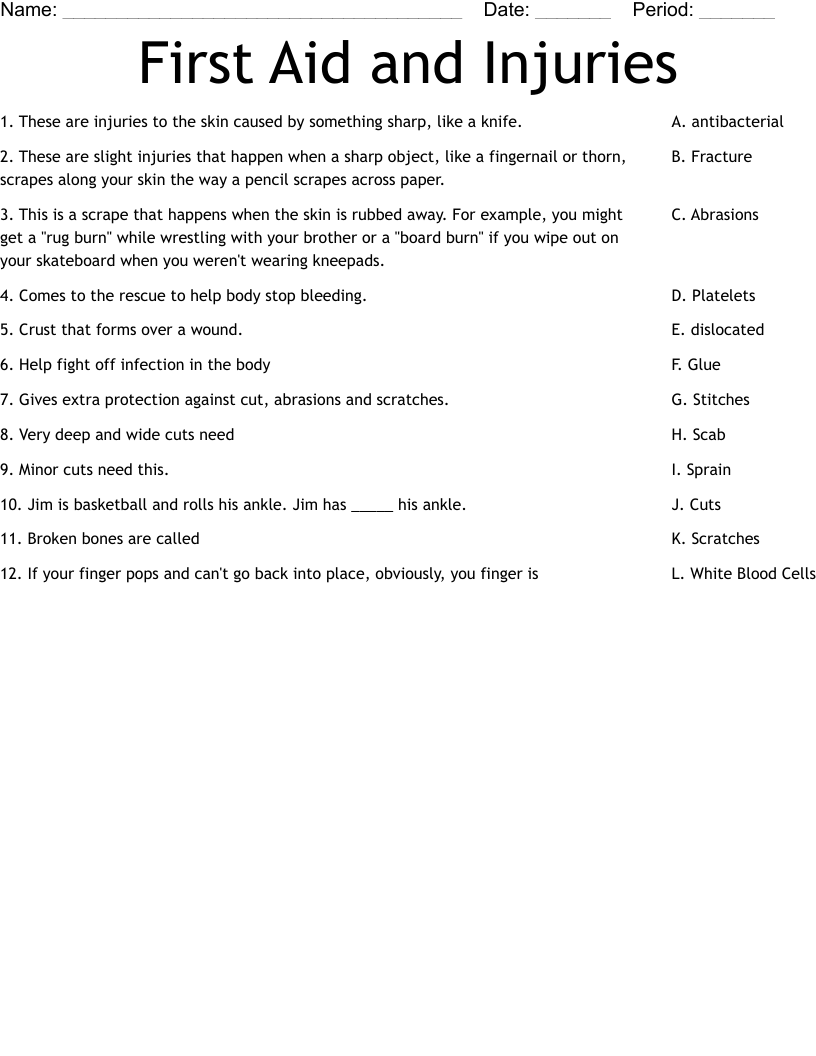 First Aid and Injuries Worksheet
