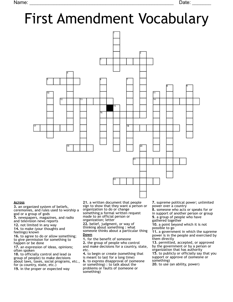 First Amendment Vocabulary Crossword