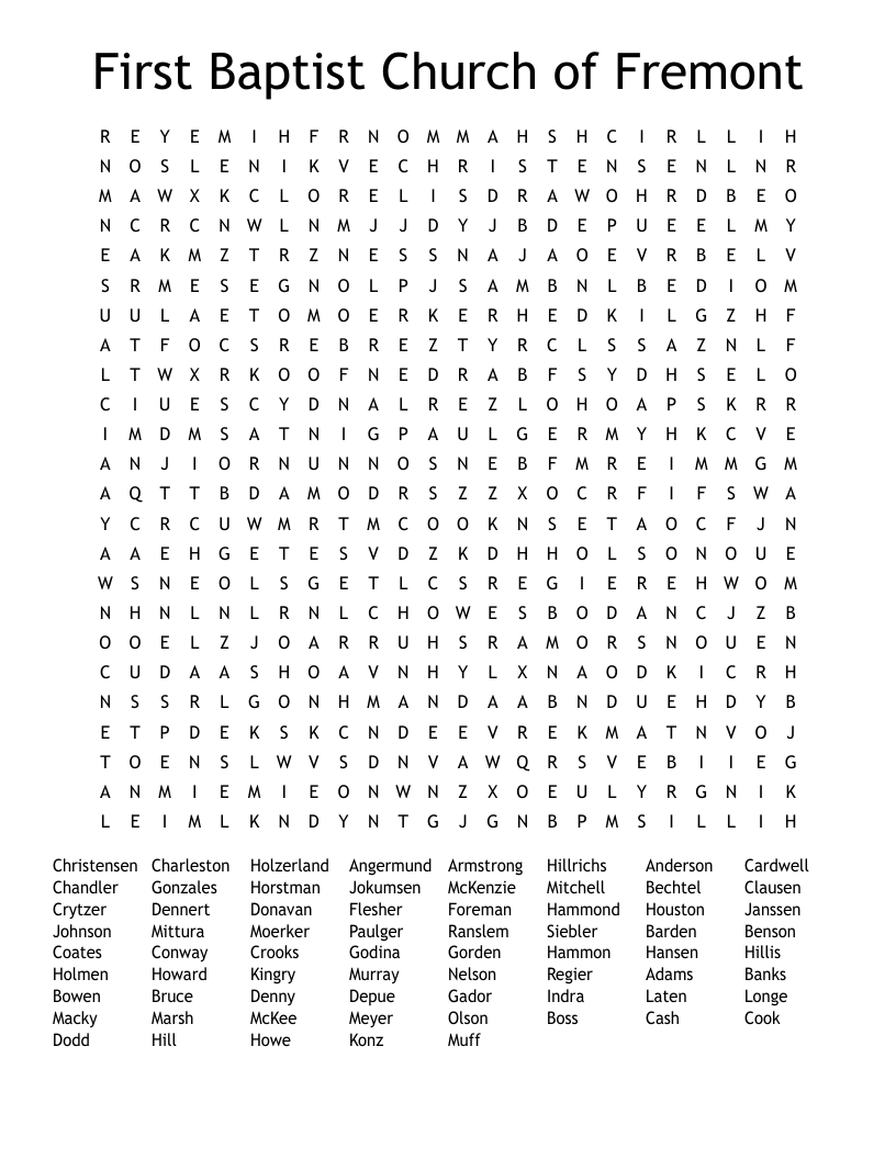 First Baptist Church of Fremont Word Search