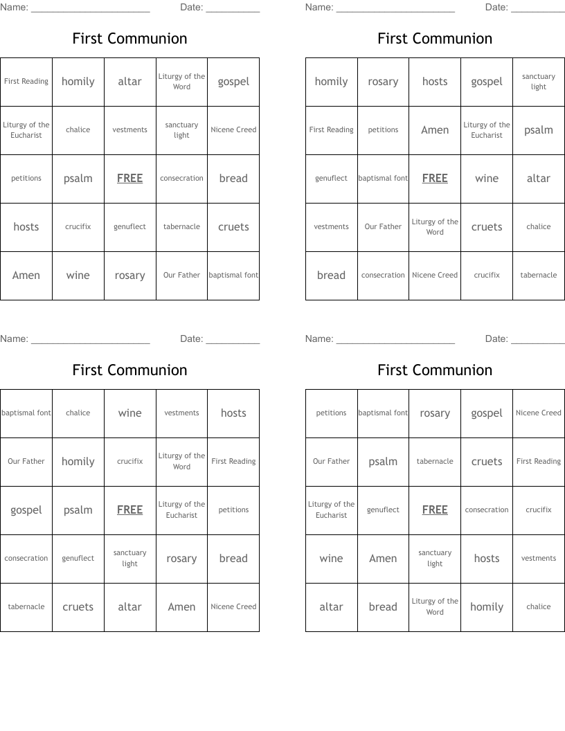 First Communion Bingo Cards