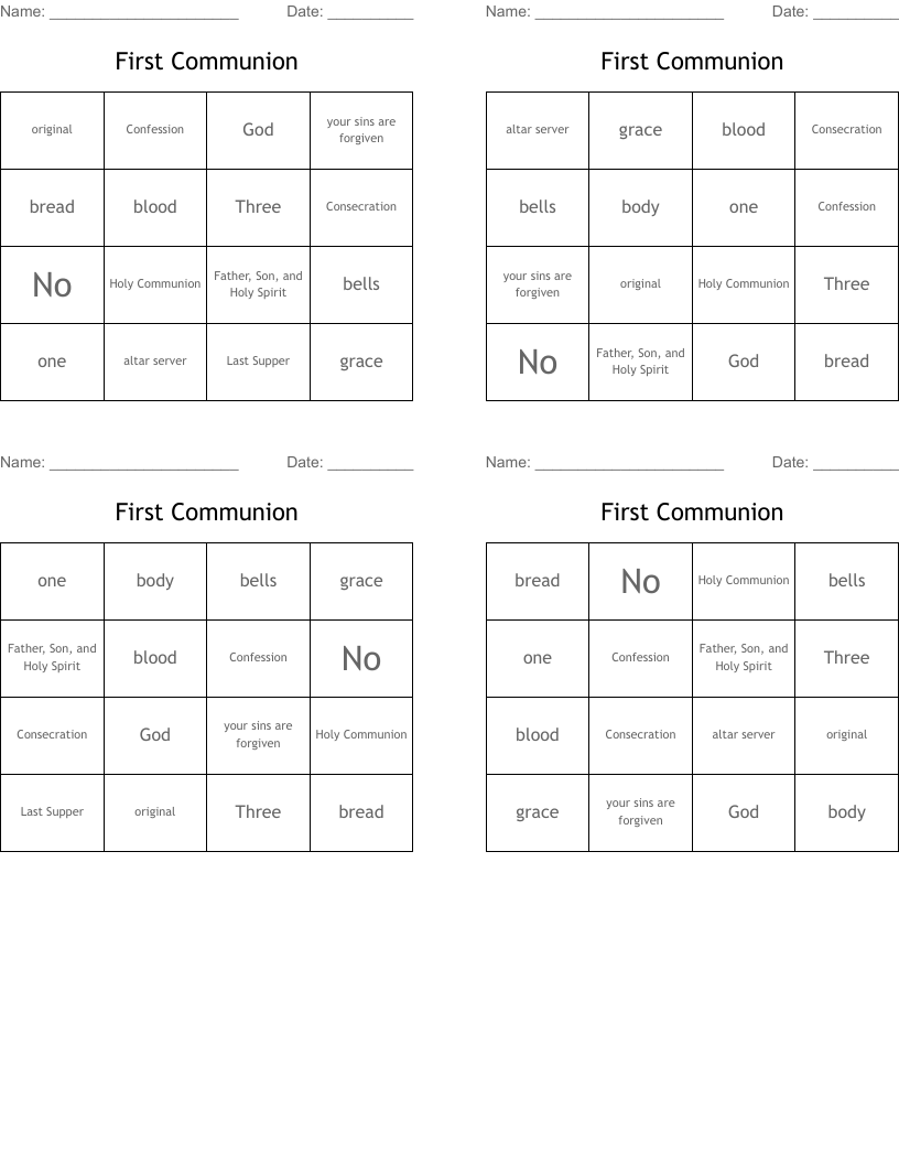 First Communion Bingo Cards