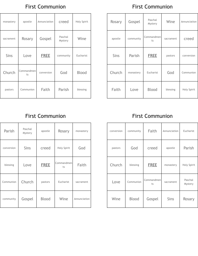First Communion Bingo Cards