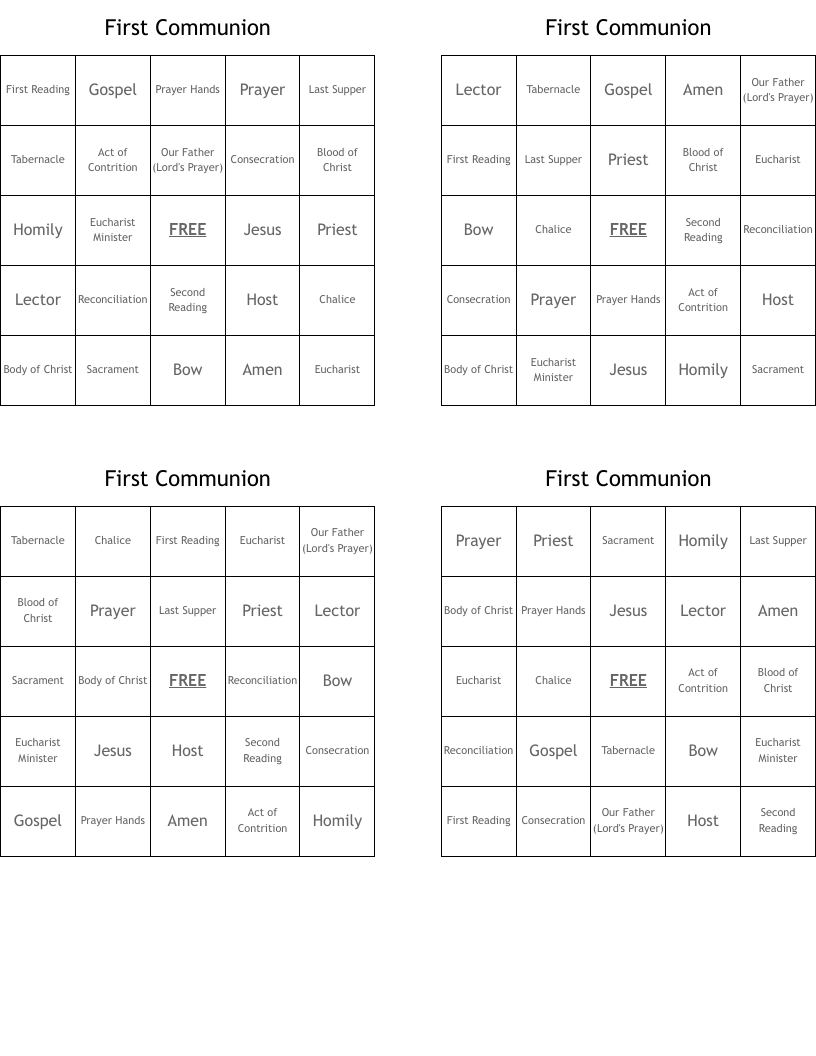 First Communion Bingo Cards