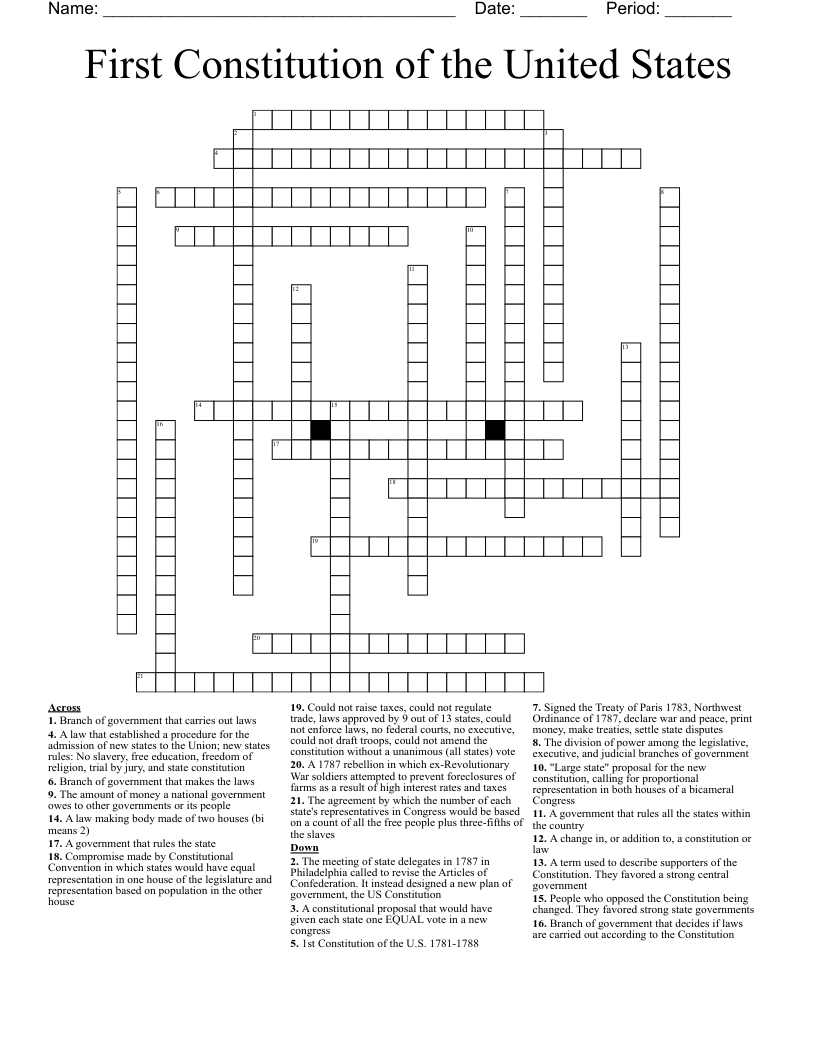 First Constitution of the United States Crossword