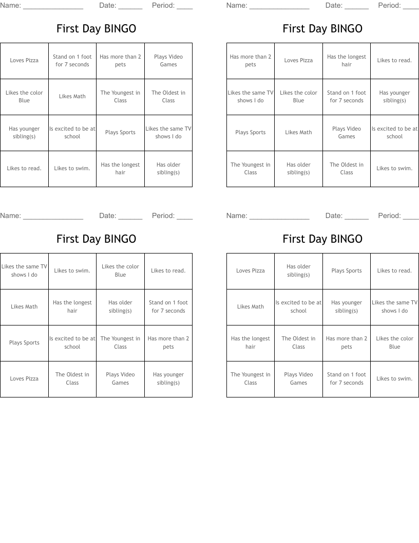 First Day BINGO