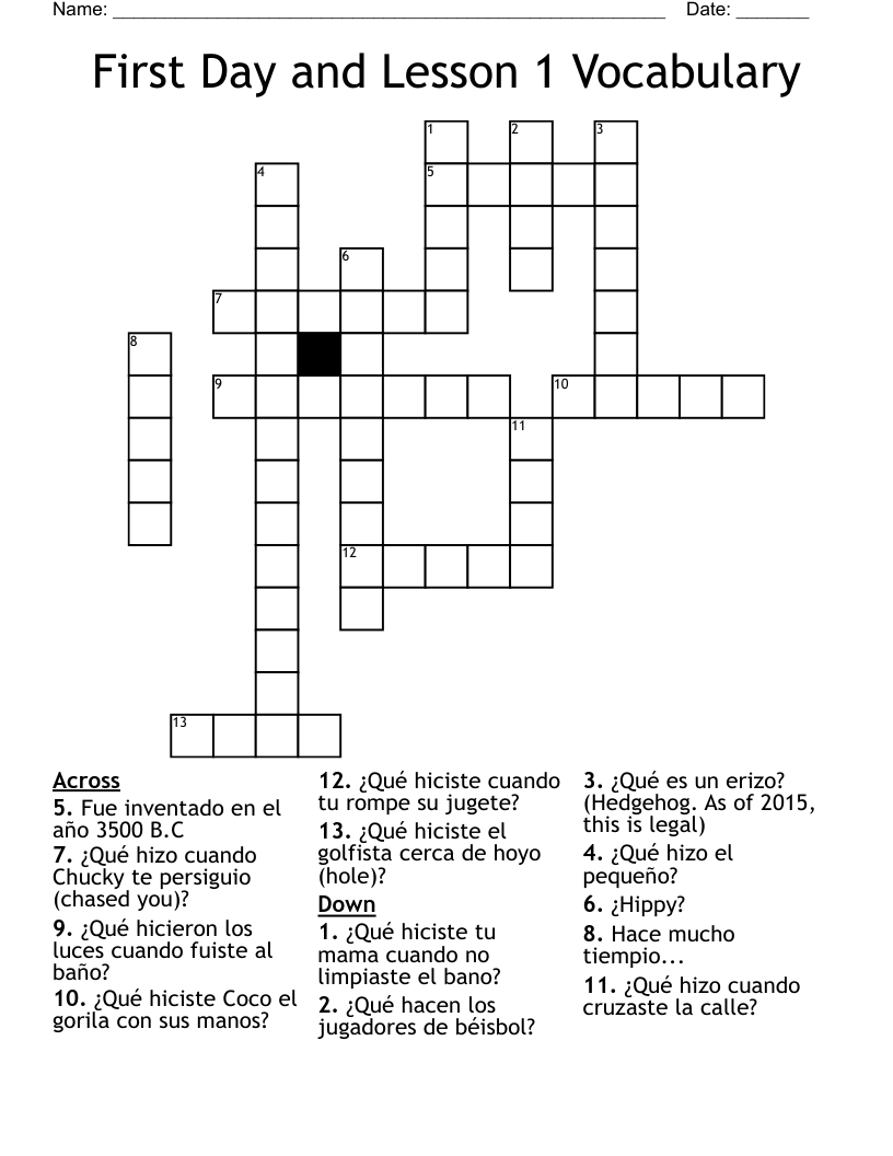 First Day and Lesson 1 Vocabulary Crossword