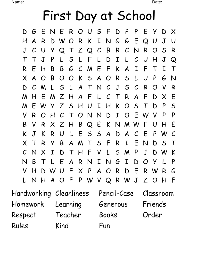 First Day at School Word Search