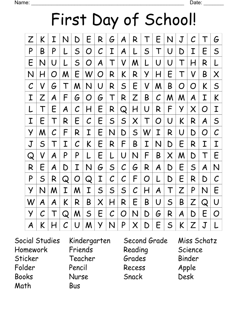 First Day of School! Word Search
