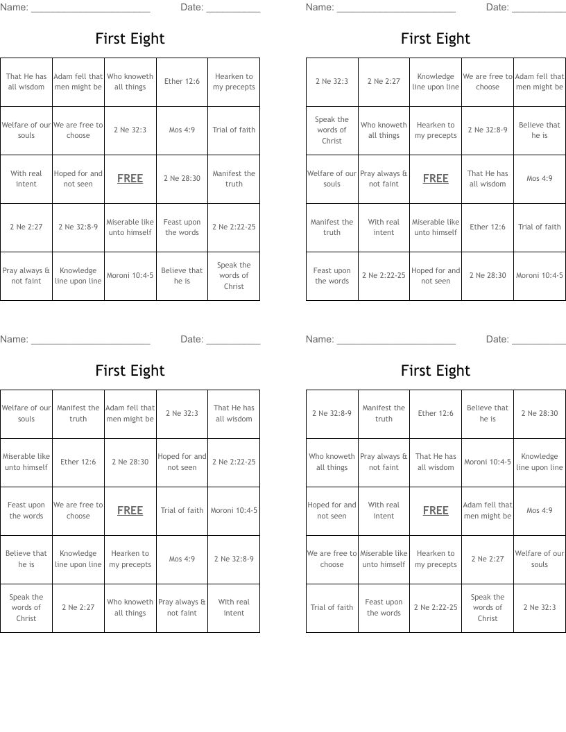 First Eight Bingo Cards