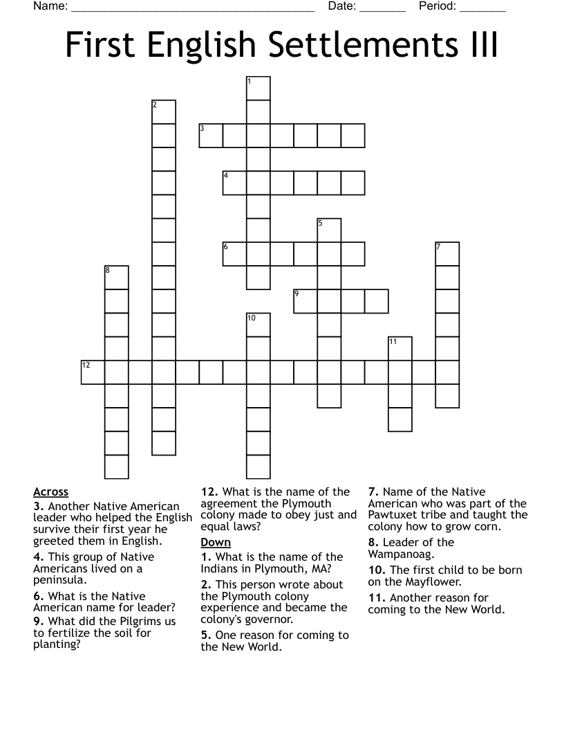 First English Settlements III Crossword