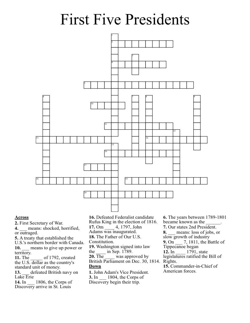 First Five Presidents Crossword
