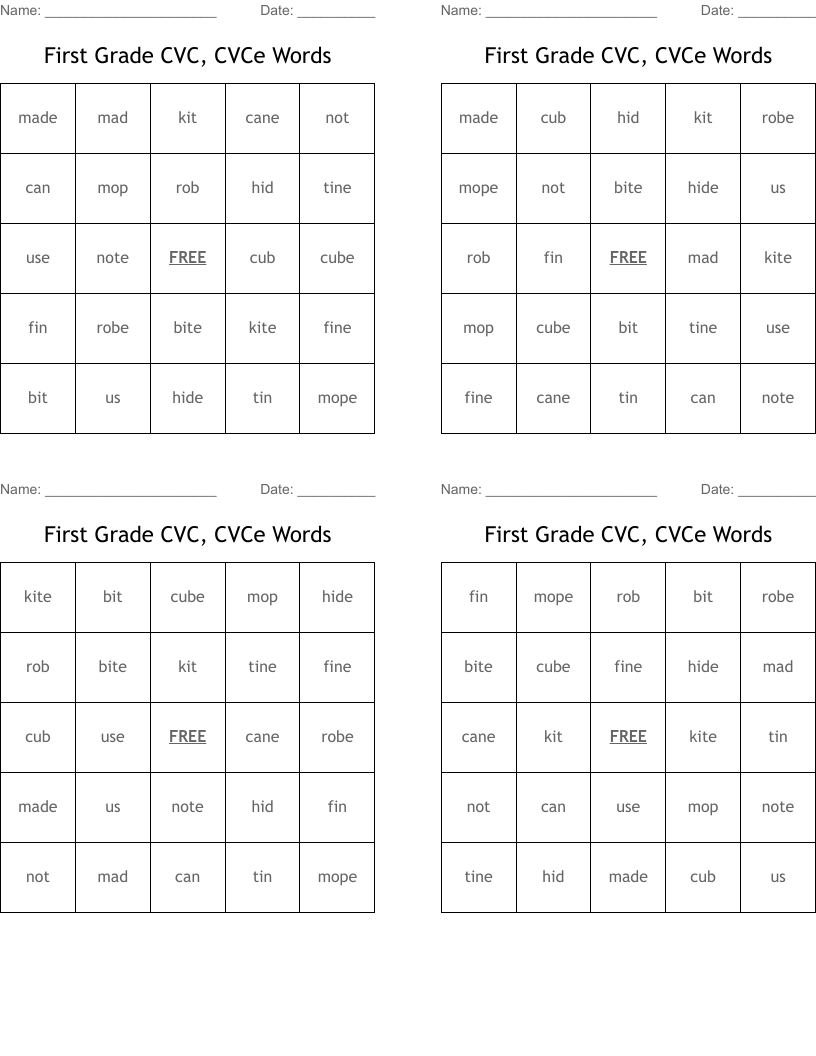 First Grade CVC, CVCe Words Bingo Cards