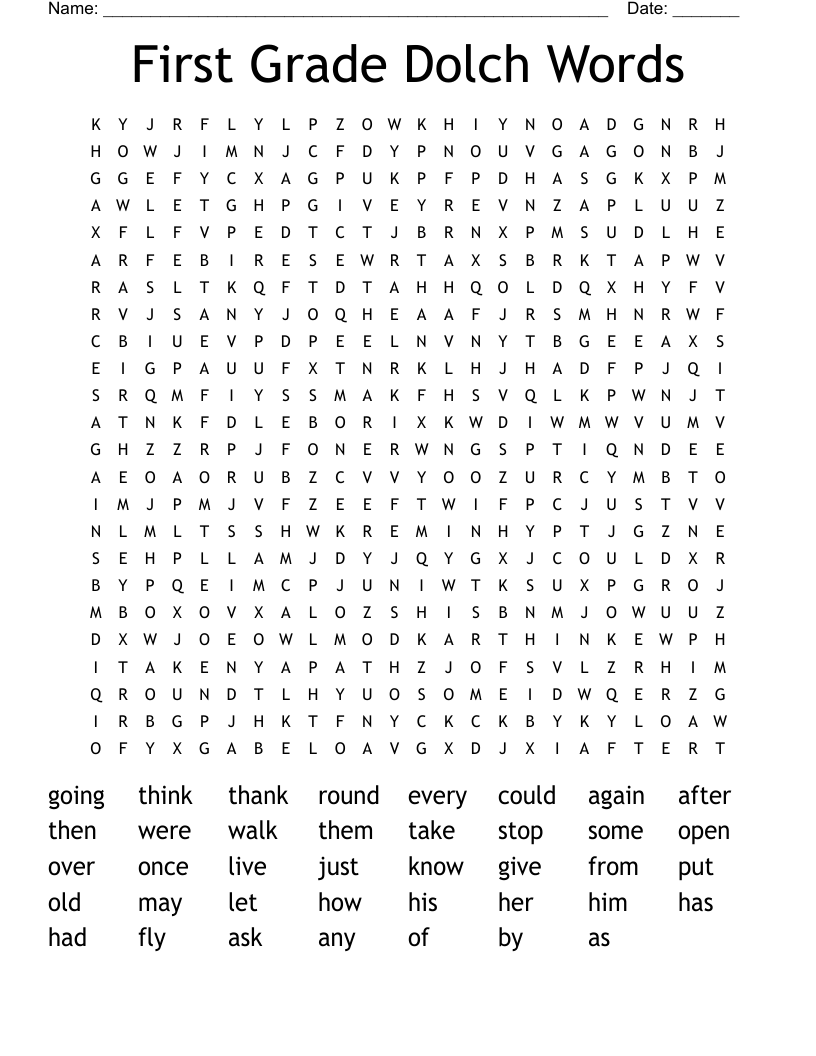 First Grade Dolch Words Word Search