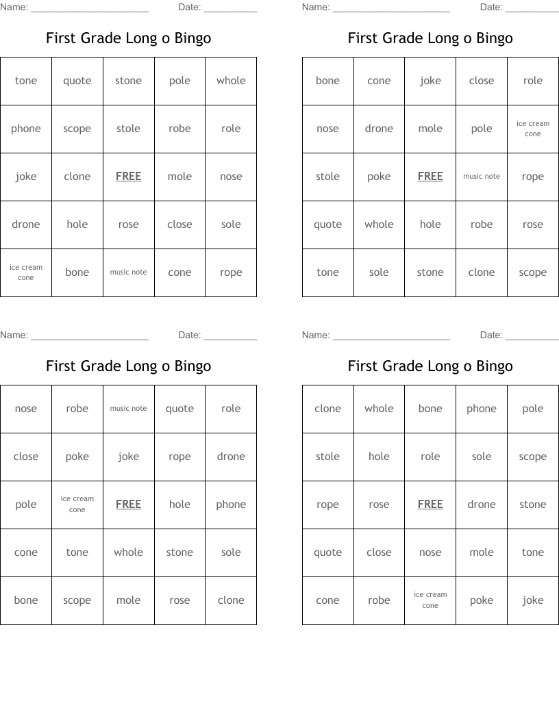 First Grade Long o Bingo