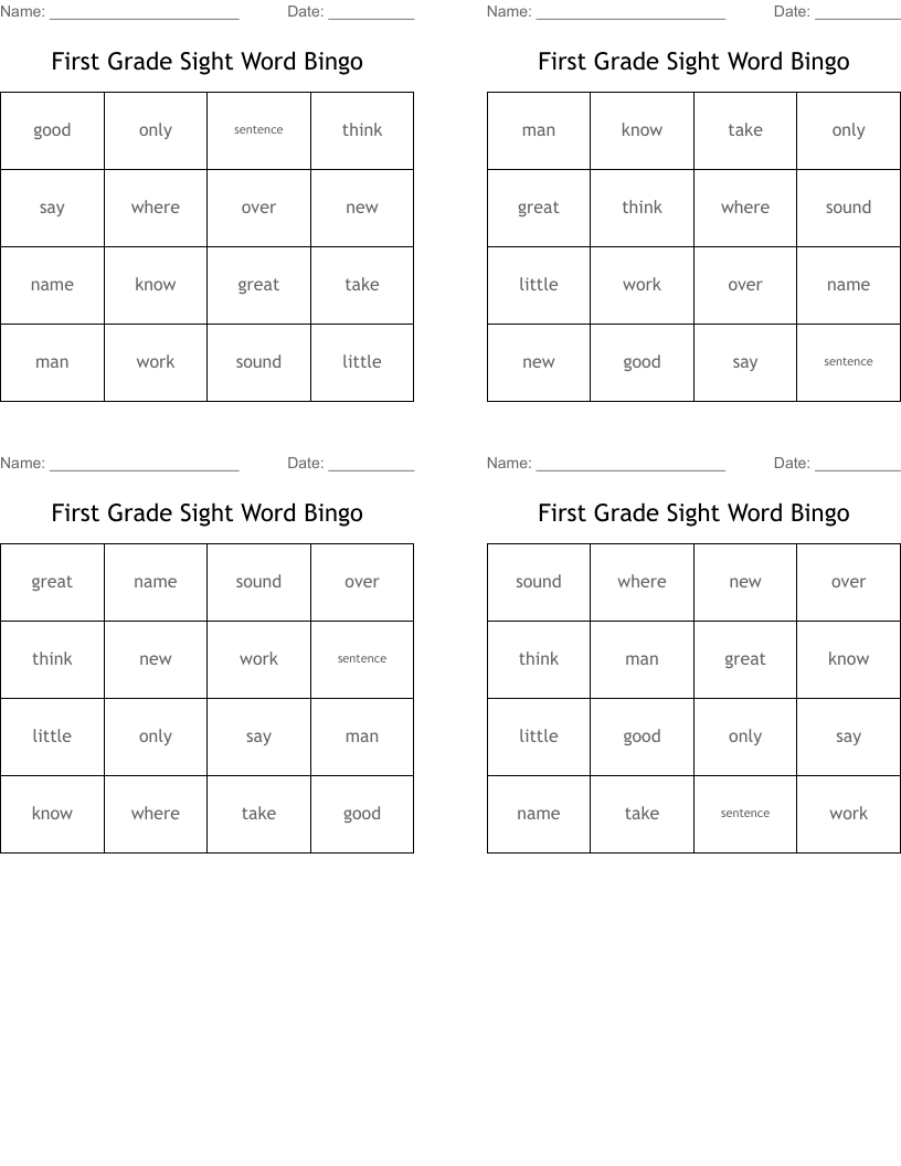 First Grade Sight Word Bingo