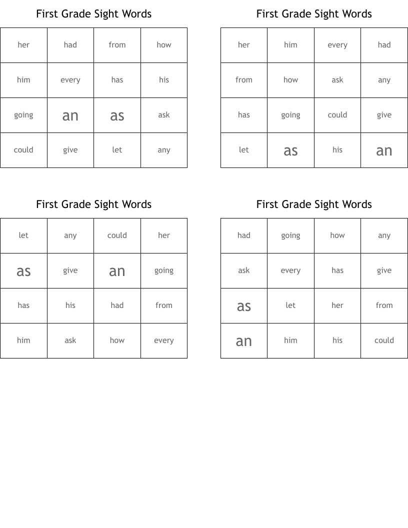 First Grade Sight Words Bingo Cards