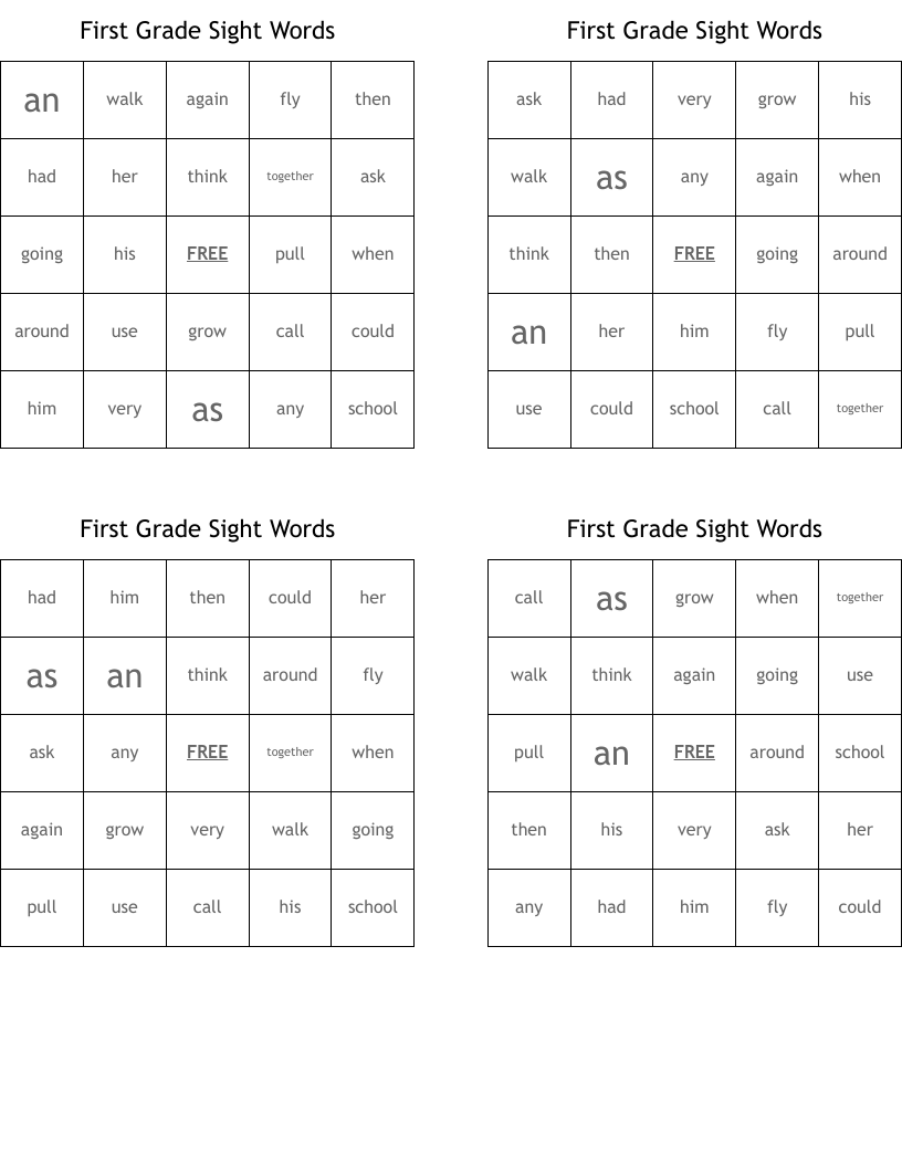 First Grade Sight Words Bingo Cards