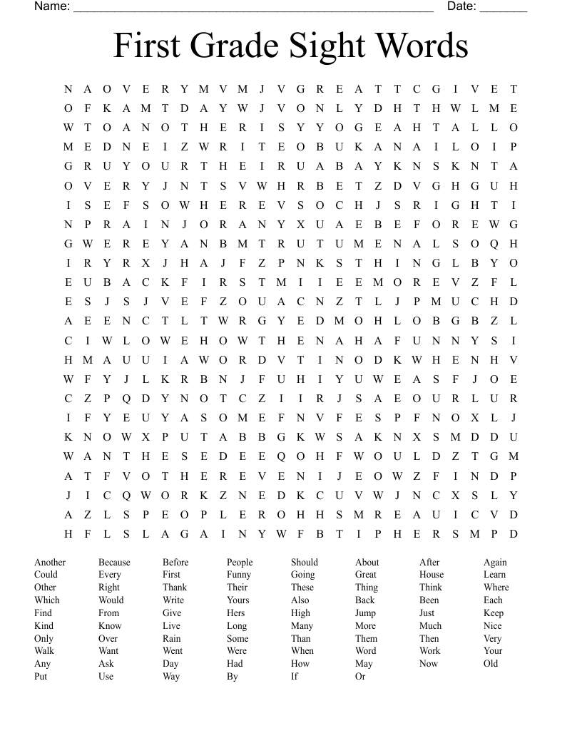 First Grade Sight Words Word Search