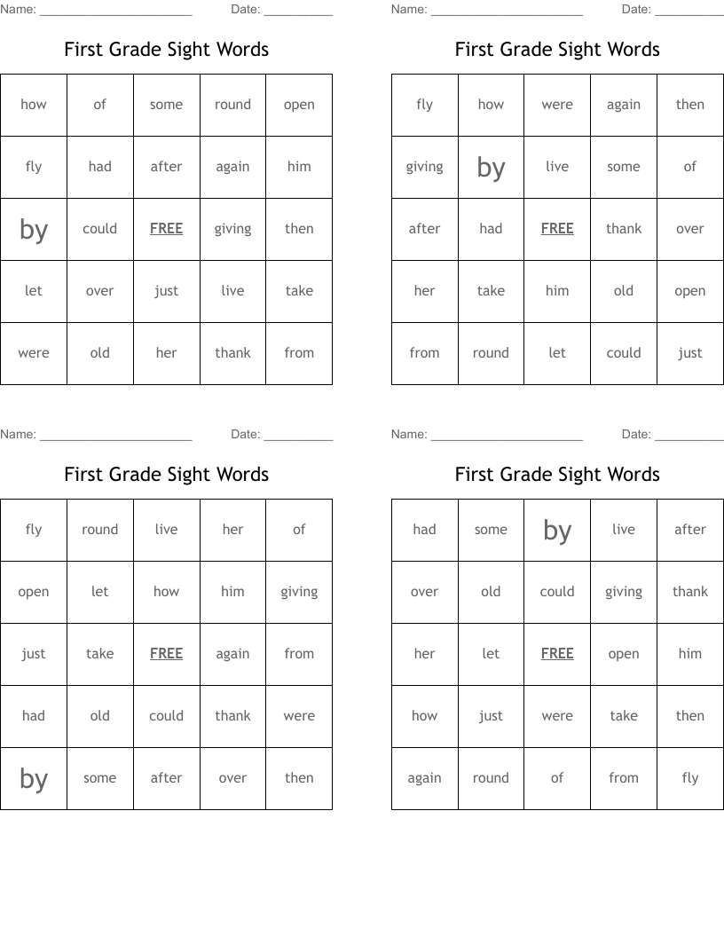 First Grade Sight Words Bingo Cards