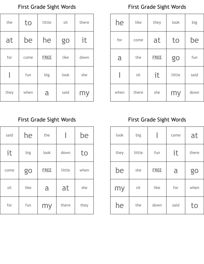 First Grade Sight Words Bingo Cards