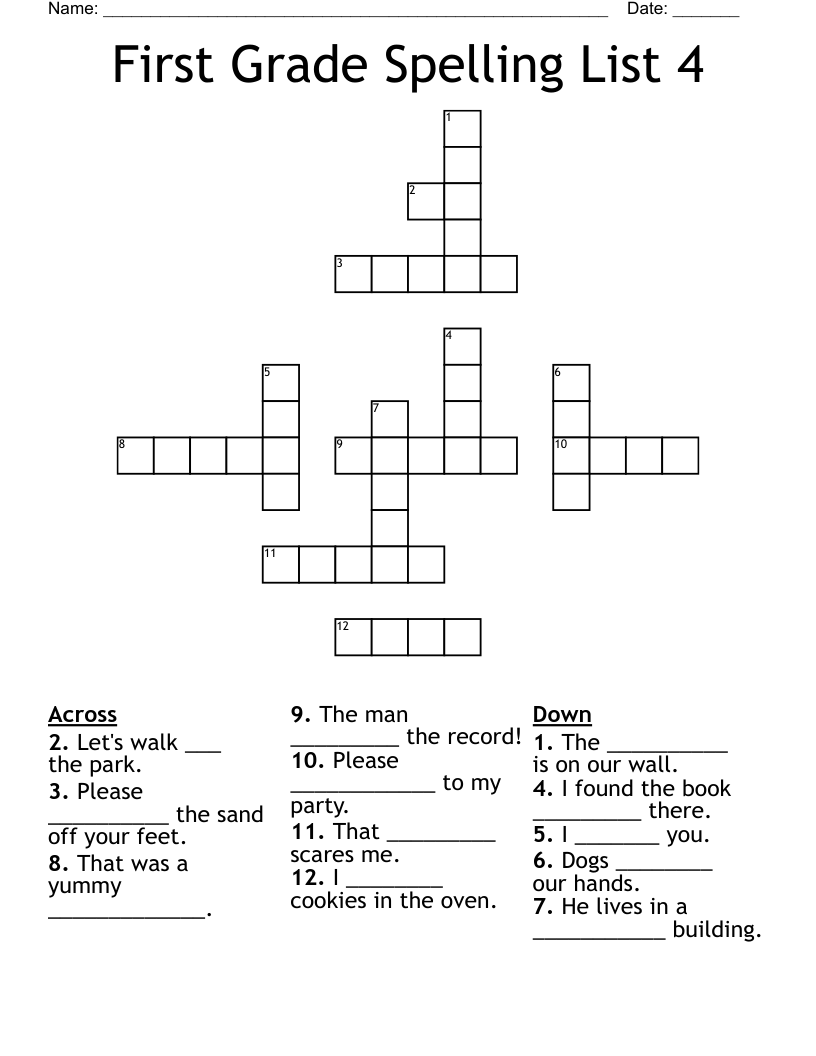 First Grade Spelling List 4 Crossword