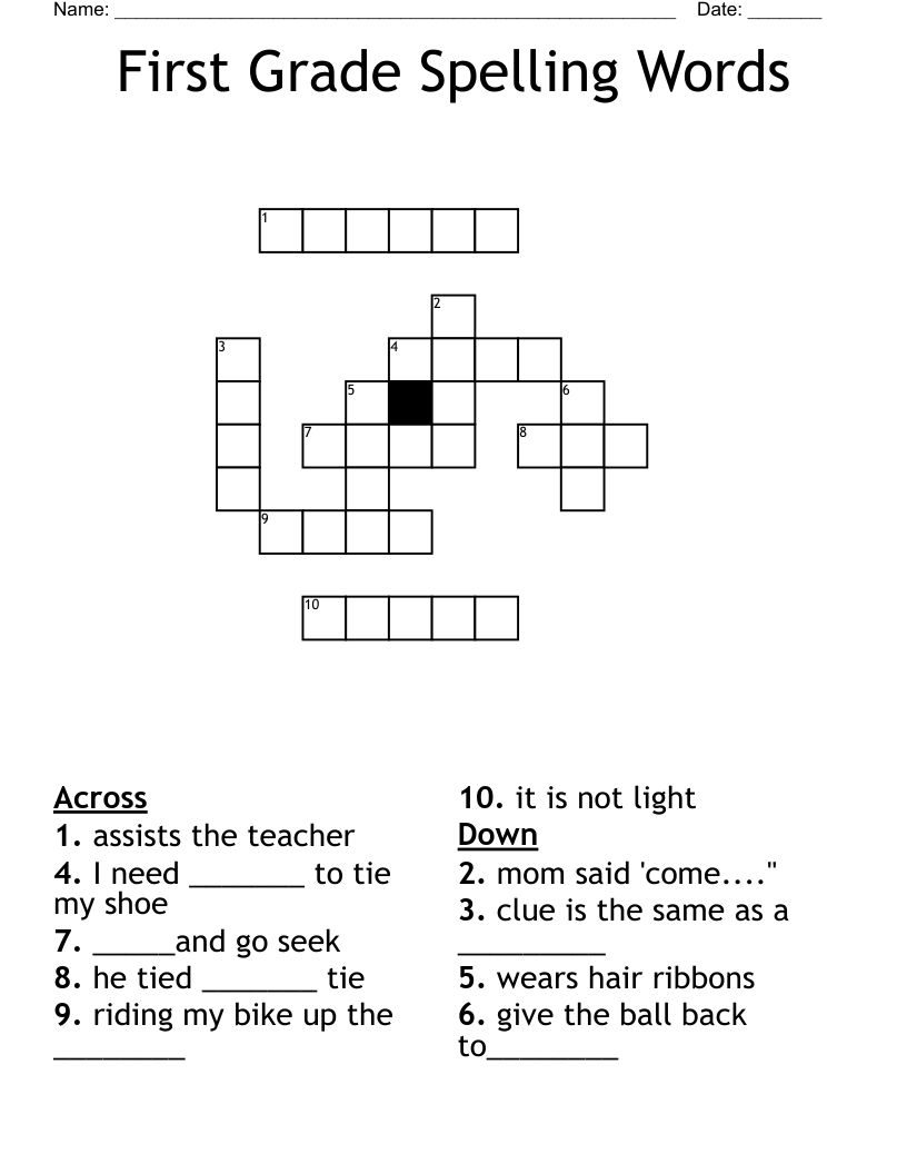 First Grade Spelling Words Crossword