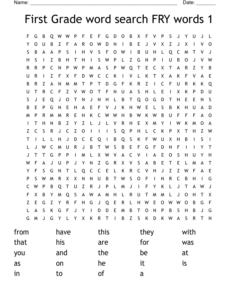 First Grade word search FRY words 1