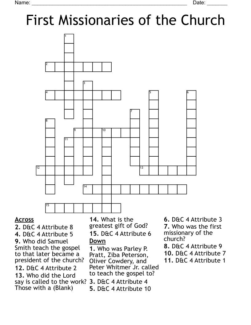 First Missionaries of the Church Crossword