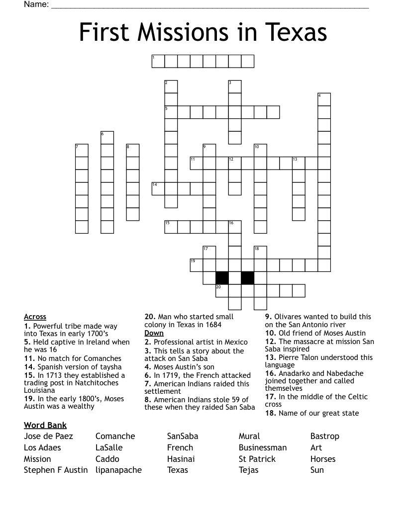 First Missions in Texas  Crossword