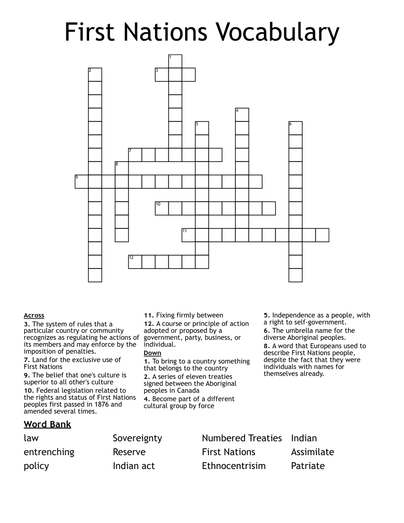 First Nations Vocabulary Crossword