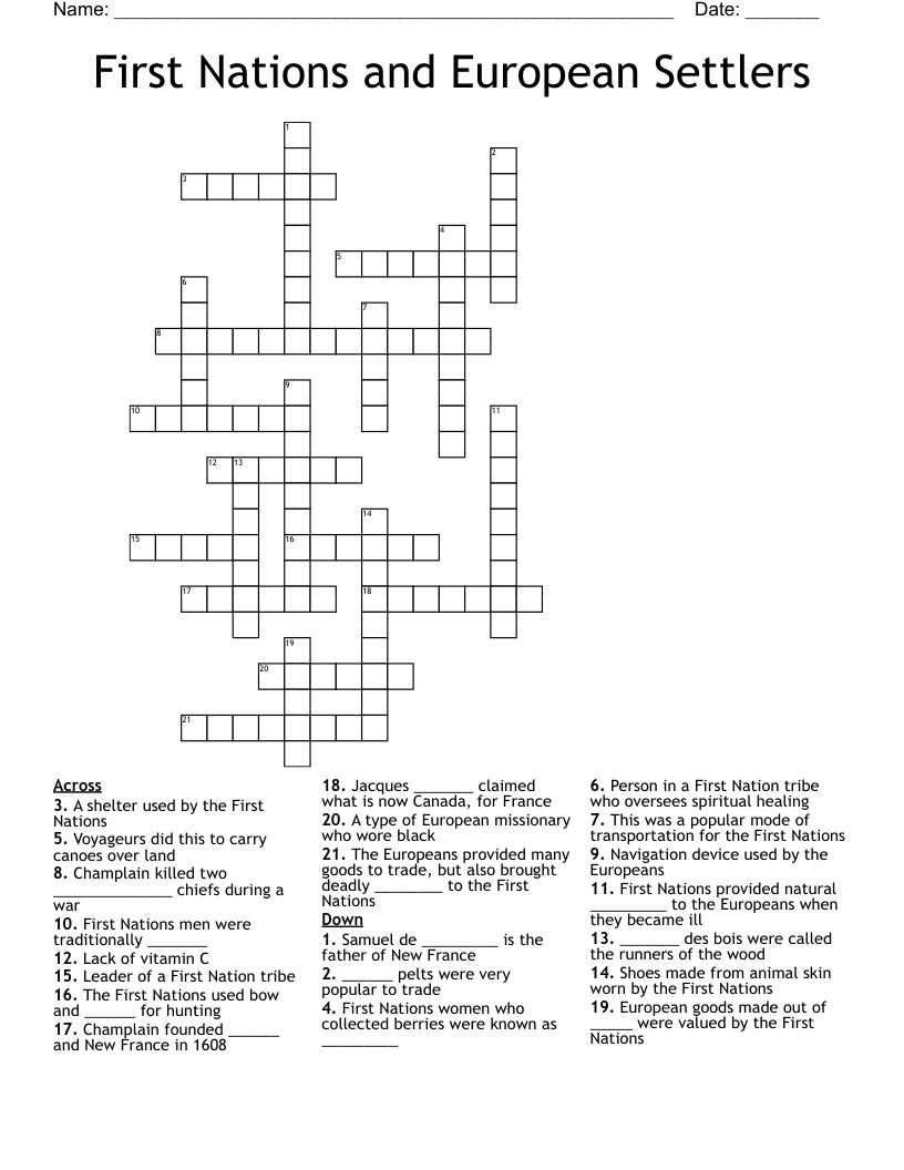First Nations and European Settlers Crossword