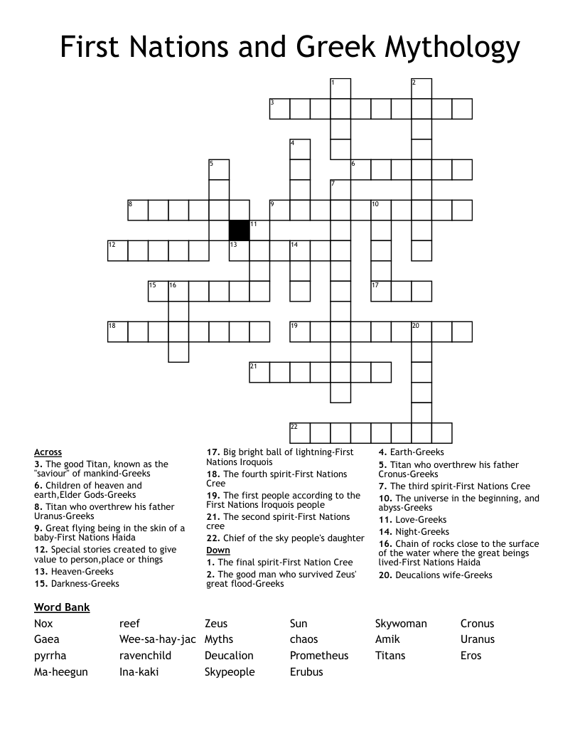 First Nations and Greek Mythology Crossword