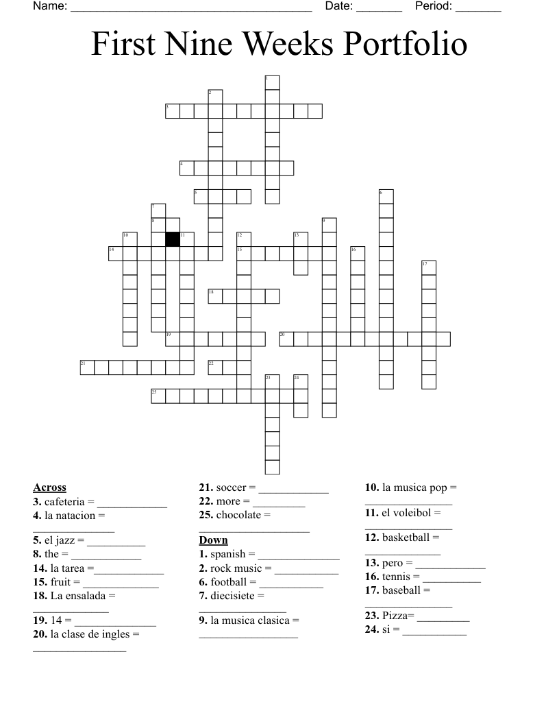 First Nine Weeks Portfolio Crossword