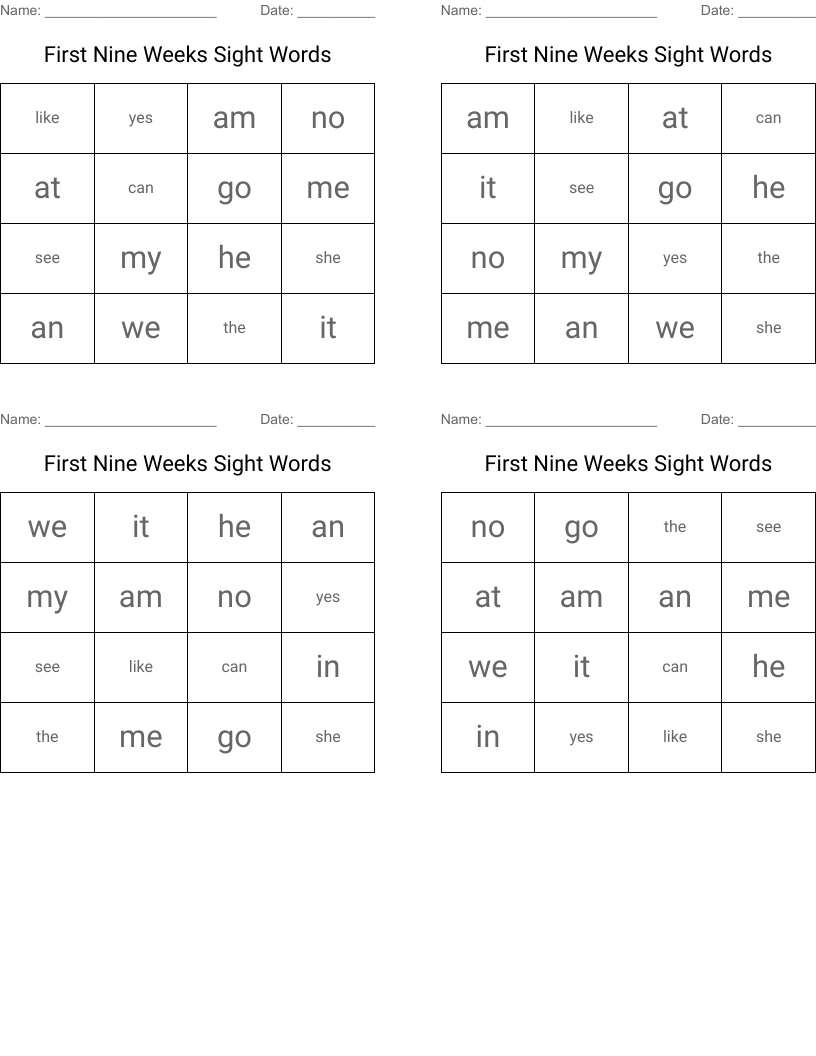 First Nine Weeks Sight Words Bingo Cards