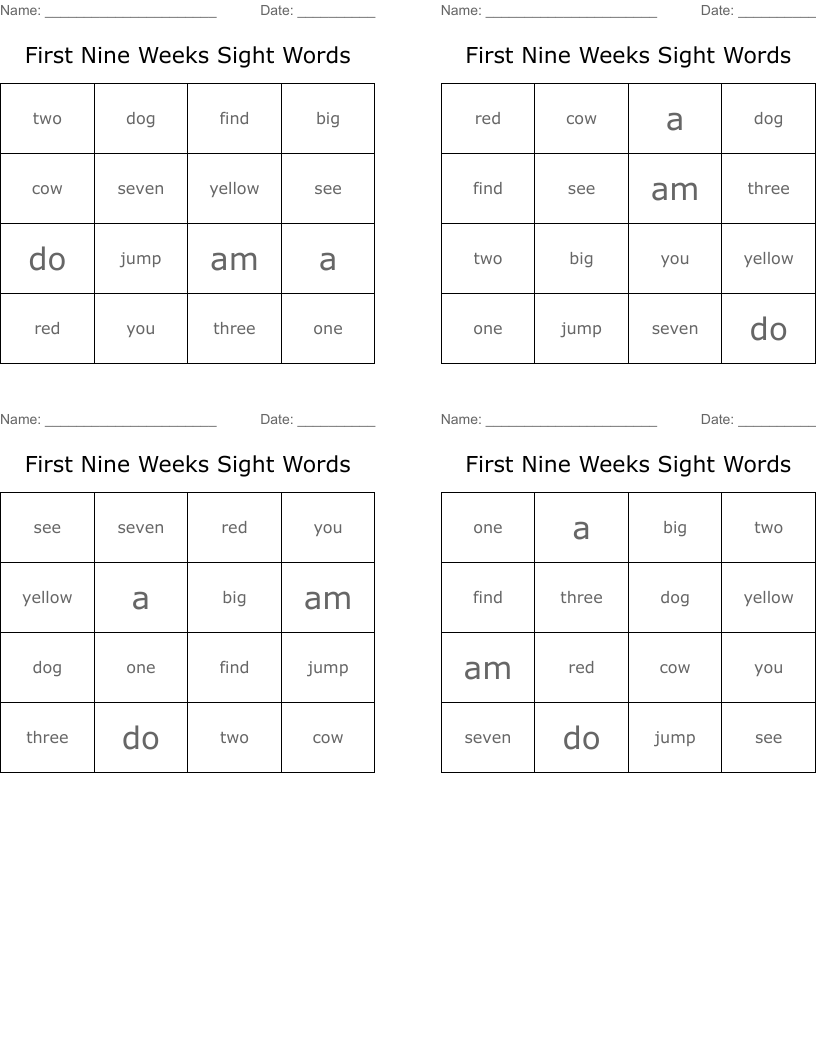 First Nine Weeks Sight Words Bingo Cards