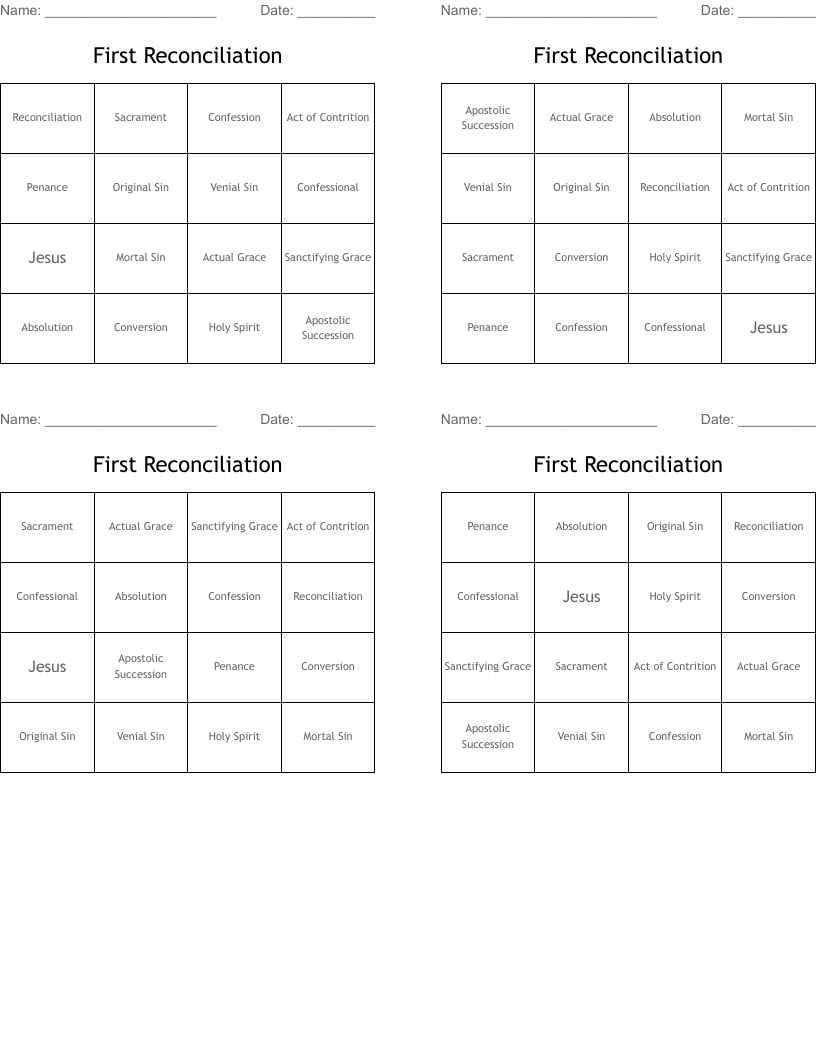 First Reconciliation Bingo Cards