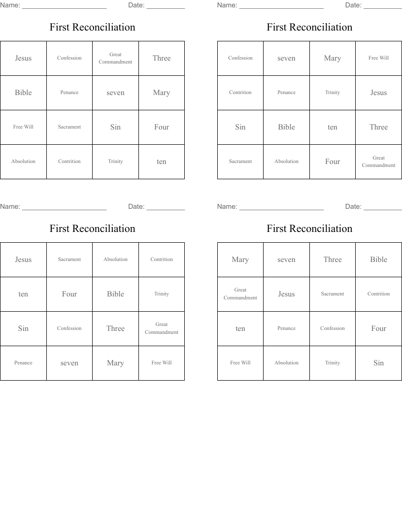 First Reconciliation Bingo Cards
