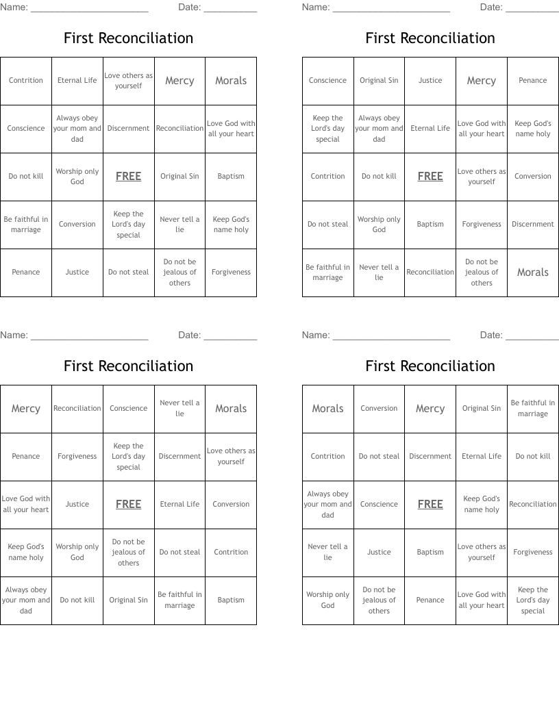 First Reconciliation Bingo Cards