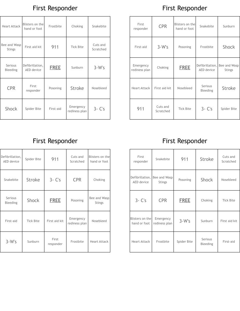 First Responder Bingo Cards
