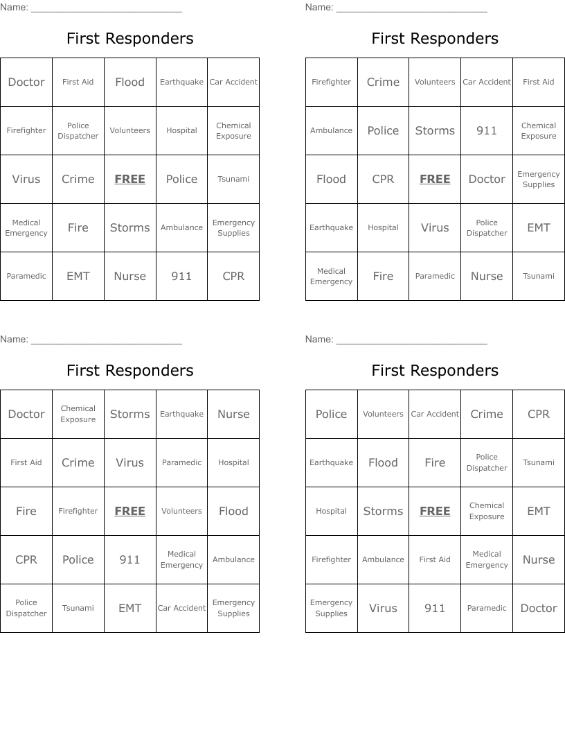 First Responders Bingo Cards
