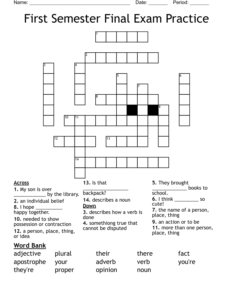 First Semester Final Exam Practice Crossword
