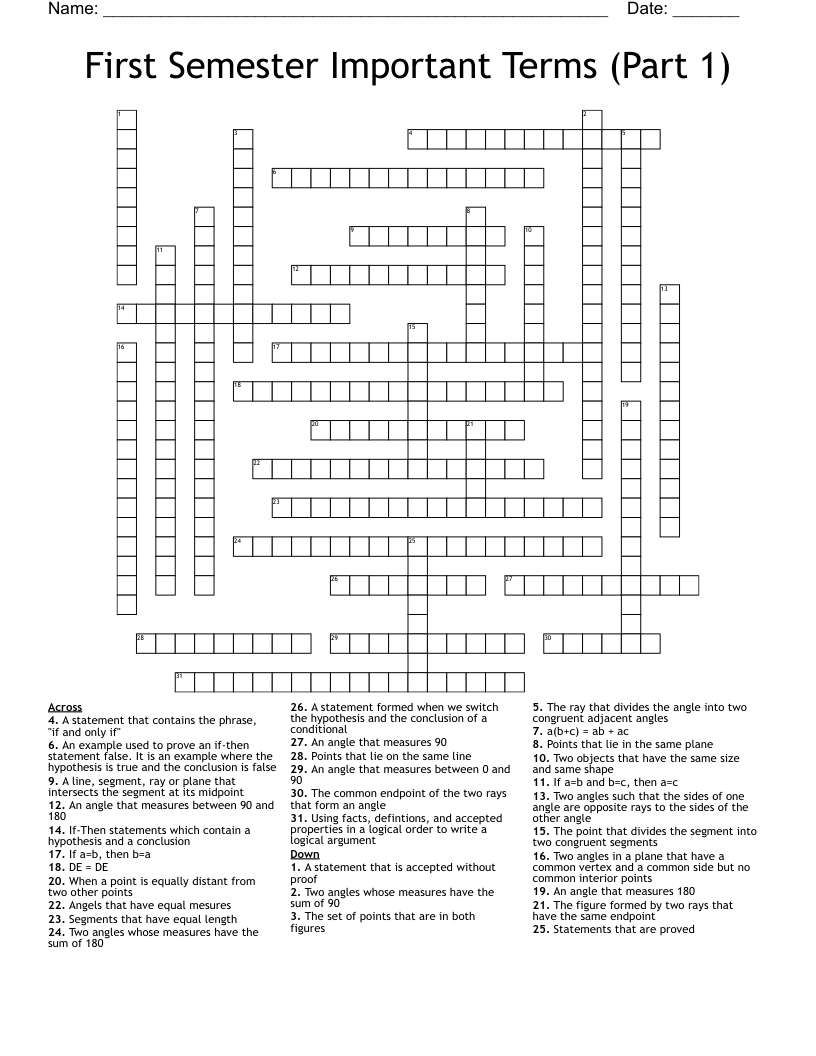 First Semester Important Terms (Part 1) Crossword
