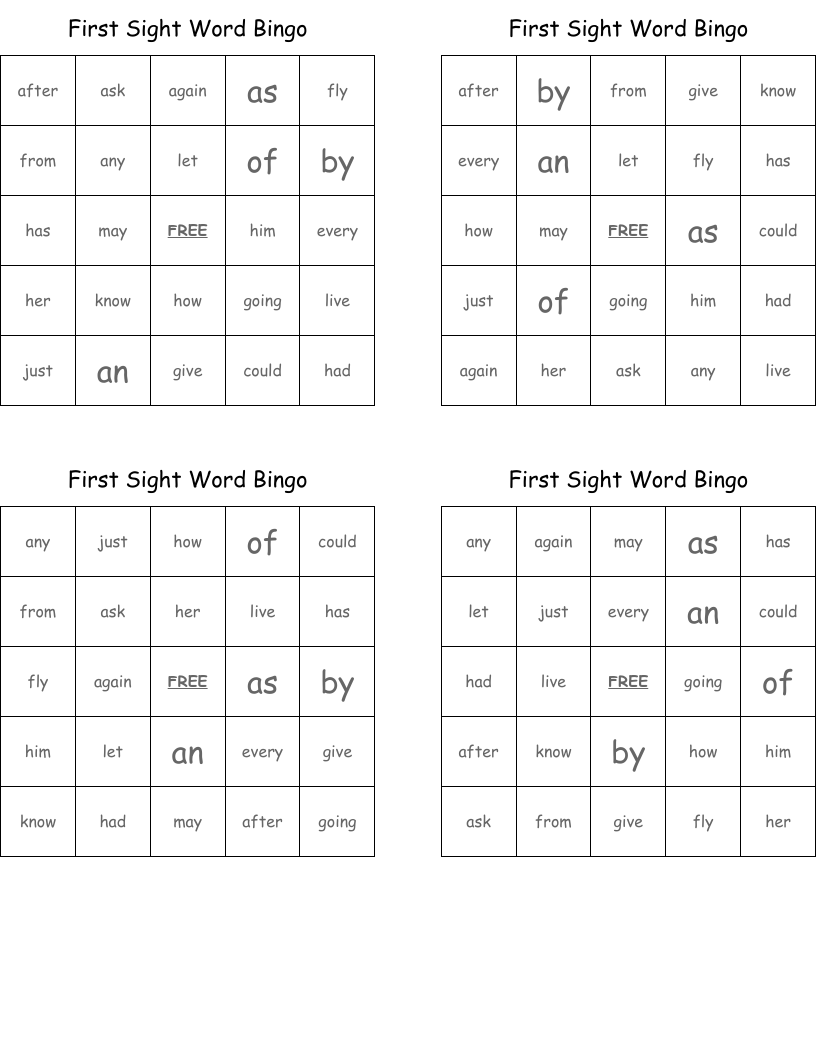 First Sight Word Bingo