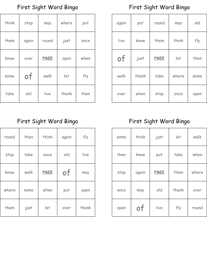 First Sight Word Bingo