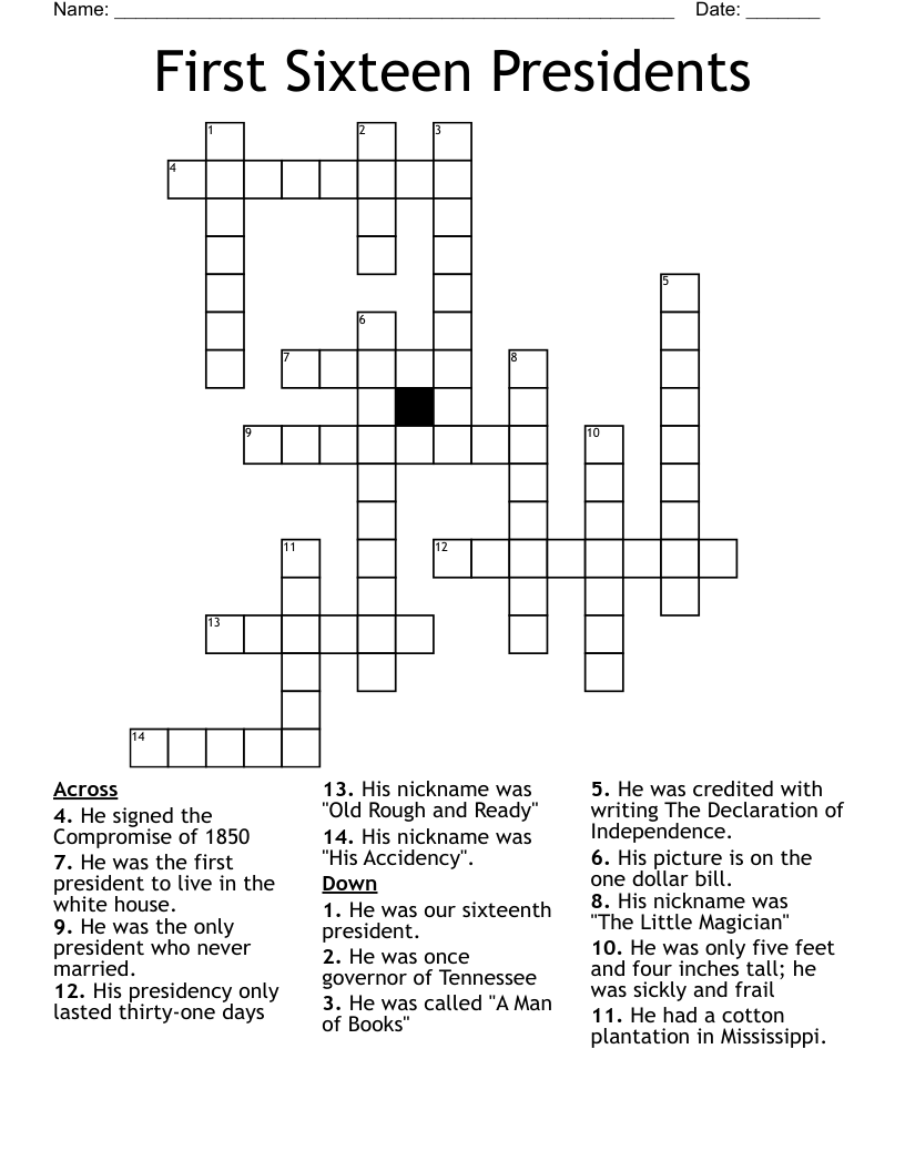 First Sixteen Presidents Crossword