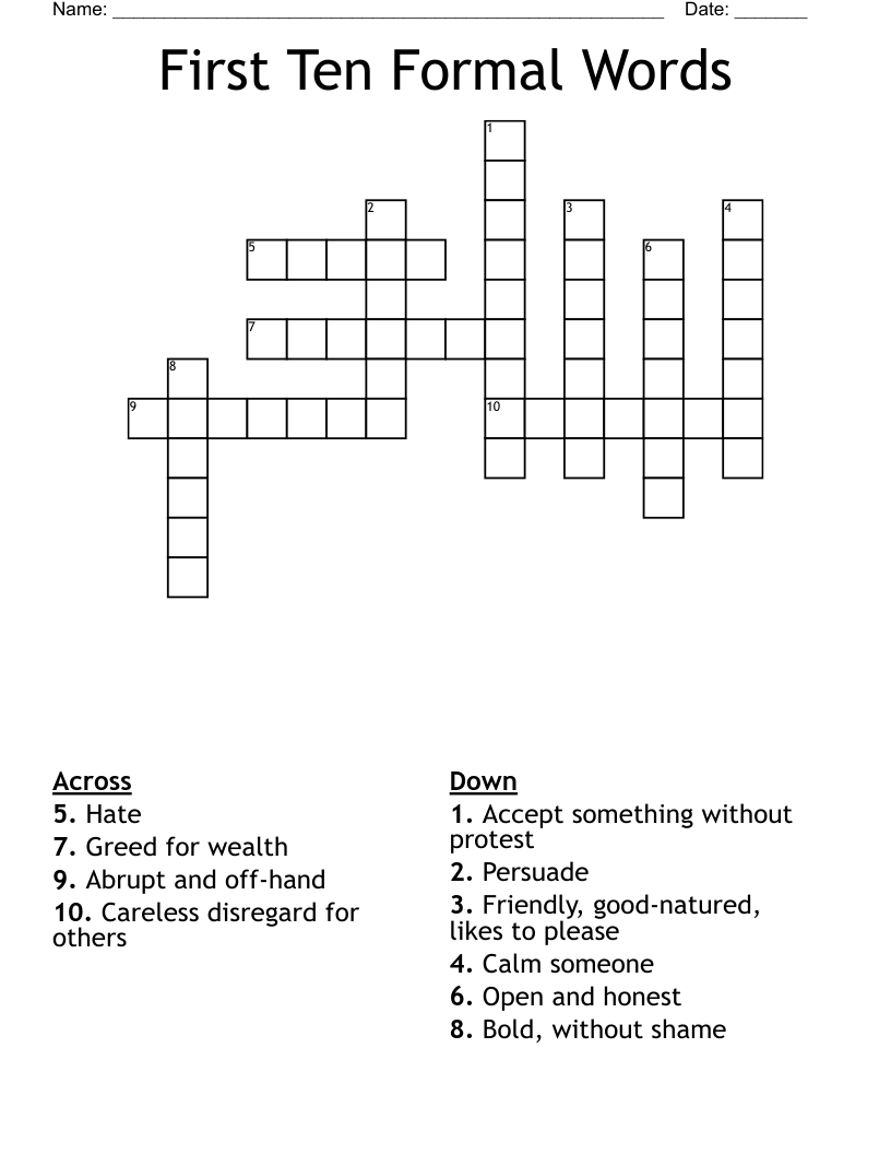First Ten Formal Words Crossword