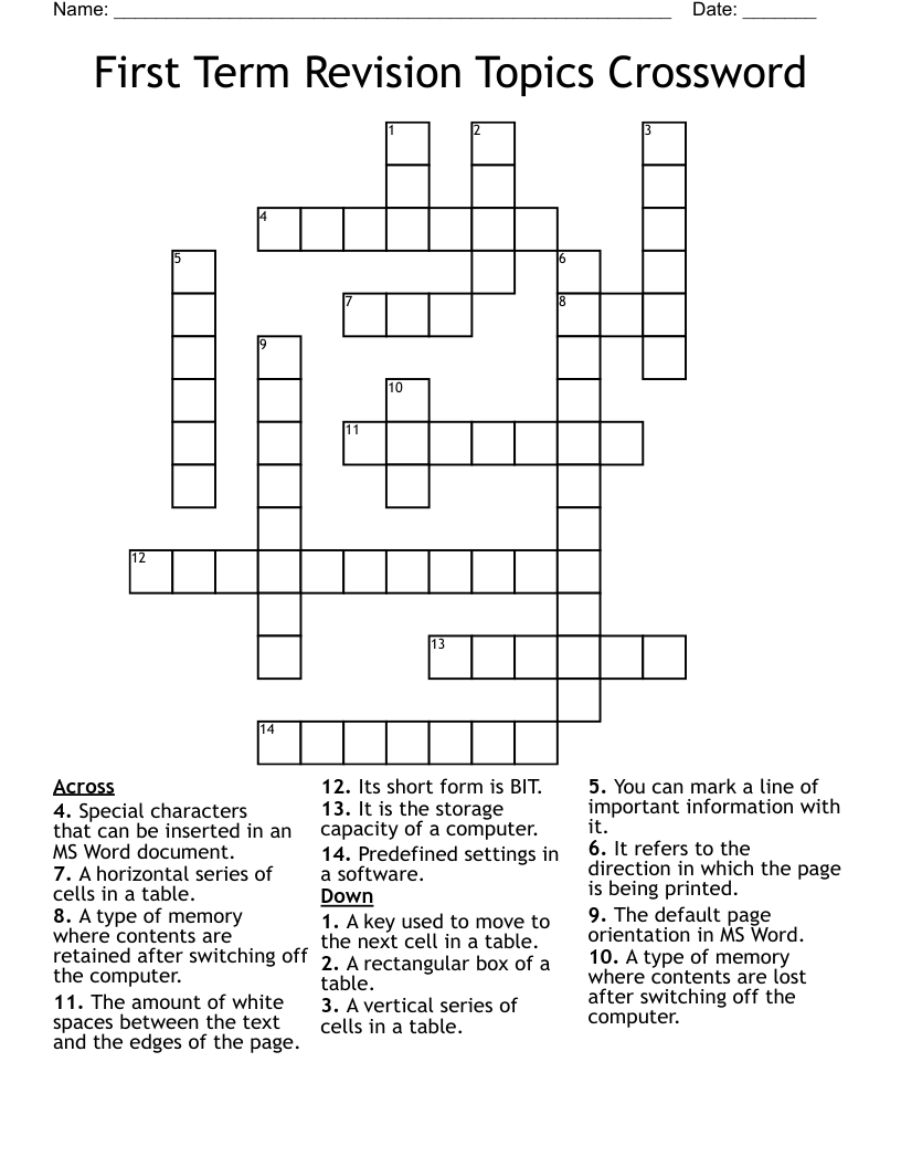 First Term Revision Topics Crossword