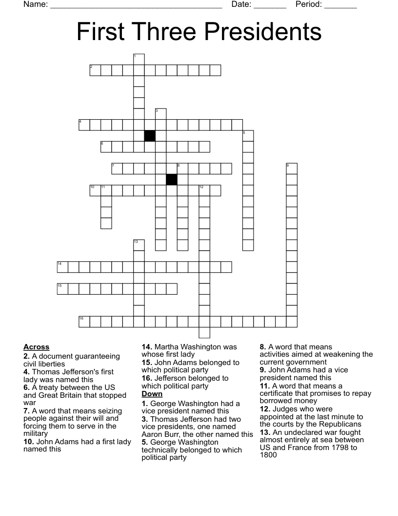 First Three Presidents Crossword